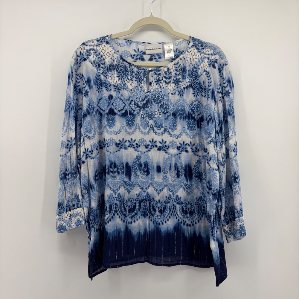 Alfred Dunner Womens 18 Blue Batik Lace Trim 3/4 Sleeve Metallic Cotton Blouse